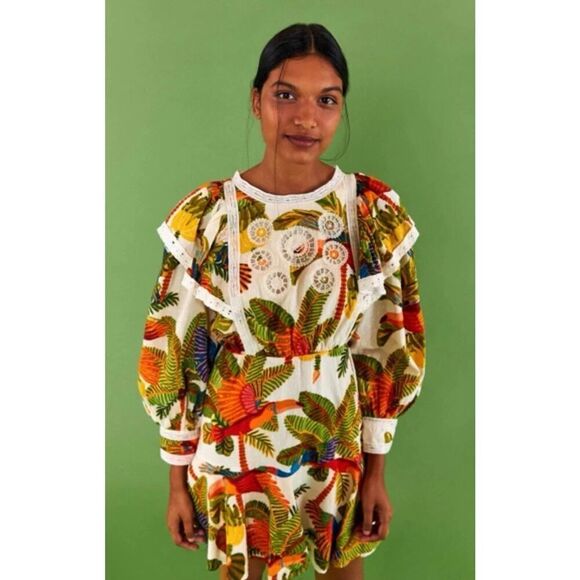 Farm Rio Tropical Birds Mini Dress Small Boho Ruffle Sleeve 100% Cotton - Picture 3 of 13